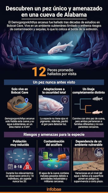 Infografía sobre el pez Demogorgonichthys arcanus. Muestra un pez ciego en una cueva oscura, un mapa de la cueva, diagramas de adaptaciones, población y amenazas.