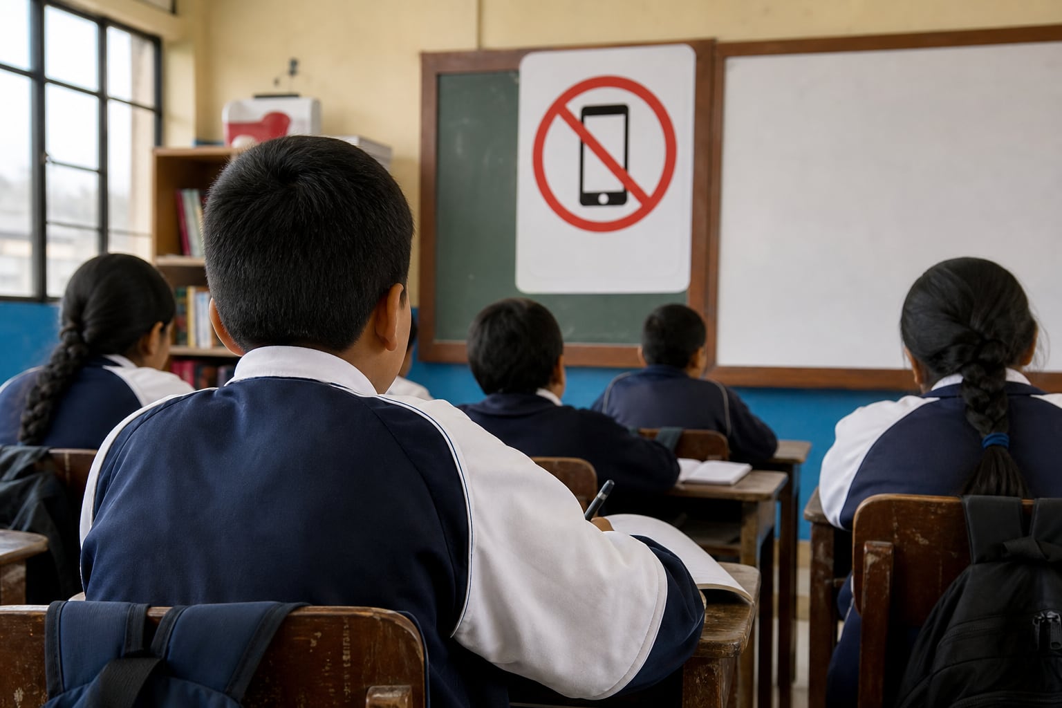 Estudiantes escolares en Perú permanecen en clase frente a un cartel que señala la prohibición del uso de teléfonos celulares. (Imagen Ilustrativa Infobae)