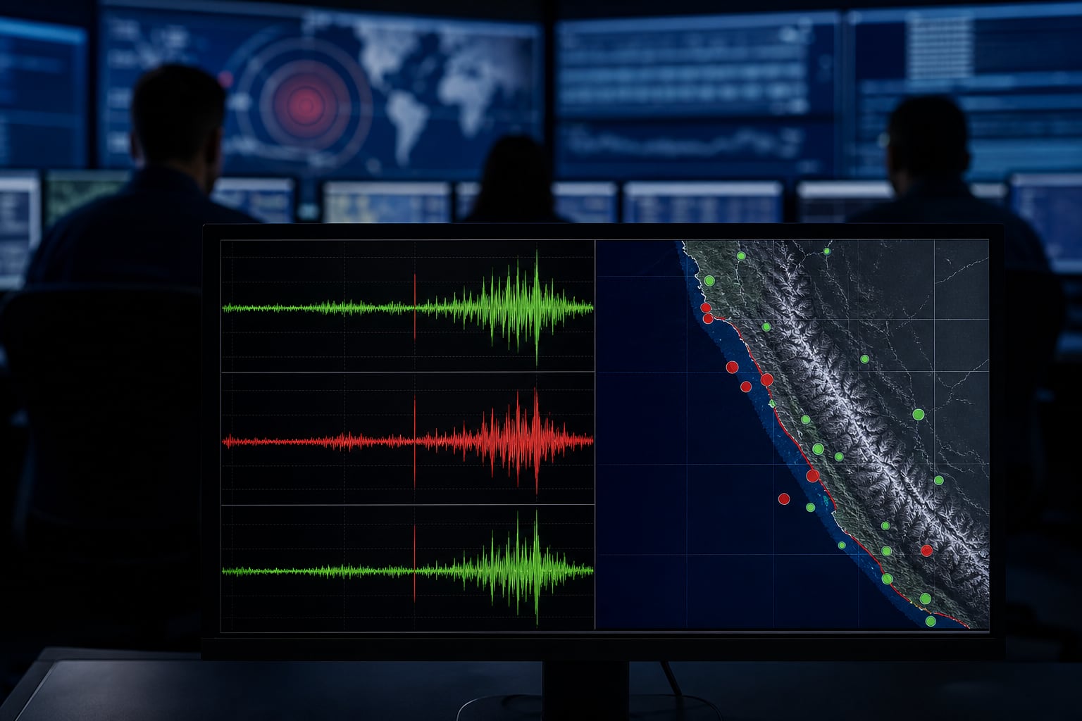 Una pantalla en un centro de monitoreo registra ondas sísmicas y un mapa de la costa del Pacífico con puntos de coordenadas. (Imagen Ilustrativa Infobae)