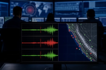 Un monitor muestra tres trazados de sismógrafo y un mapa costero con puntos de colores, con personas de espalda en el fondo.