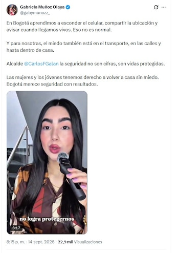 Muñoz compartió el video el lunes 14 de septiembre de 2026 - crédito @@gabymunozz_/X