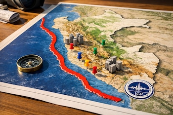 Mapa físico de Perú con línea roja ondulada, chinchetas de colores, maquetas de edificios, una brújula y el logo del IGP sobre una mesa de madera.