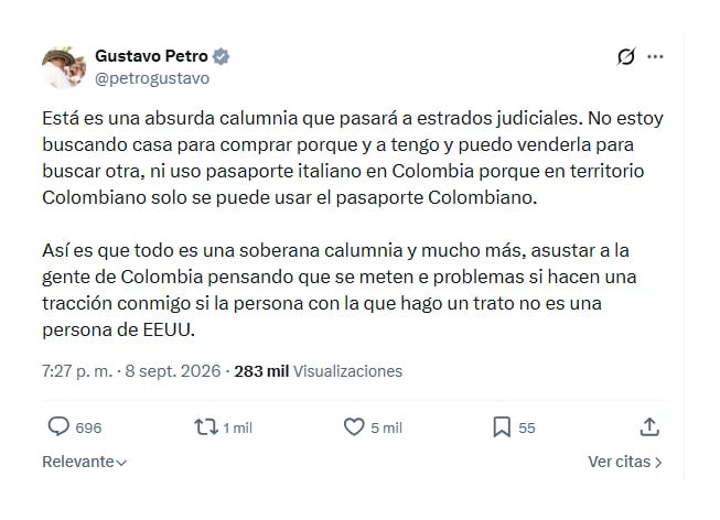 Con este mensaje en su perfil de X, que se sumó a otros, el expresidente Gustavo Petro habló sobre su interés de alquilar un inmueble para vivir - crédito @petrogustavo/X