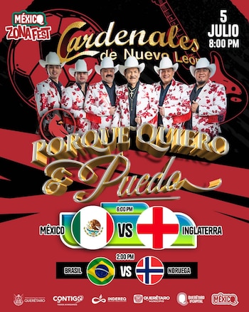 Póster rojo promocional. Seis hombres de la banda Cardenales de Nuevo León. Texto México Zona Fest, 5 de julio. Banderas de México, Inglaterra, Brasil y Noruega