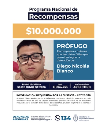 El Ministerio de Seguridad ofrece una recompensa por el prófugo, Diego Nicolás Blanco