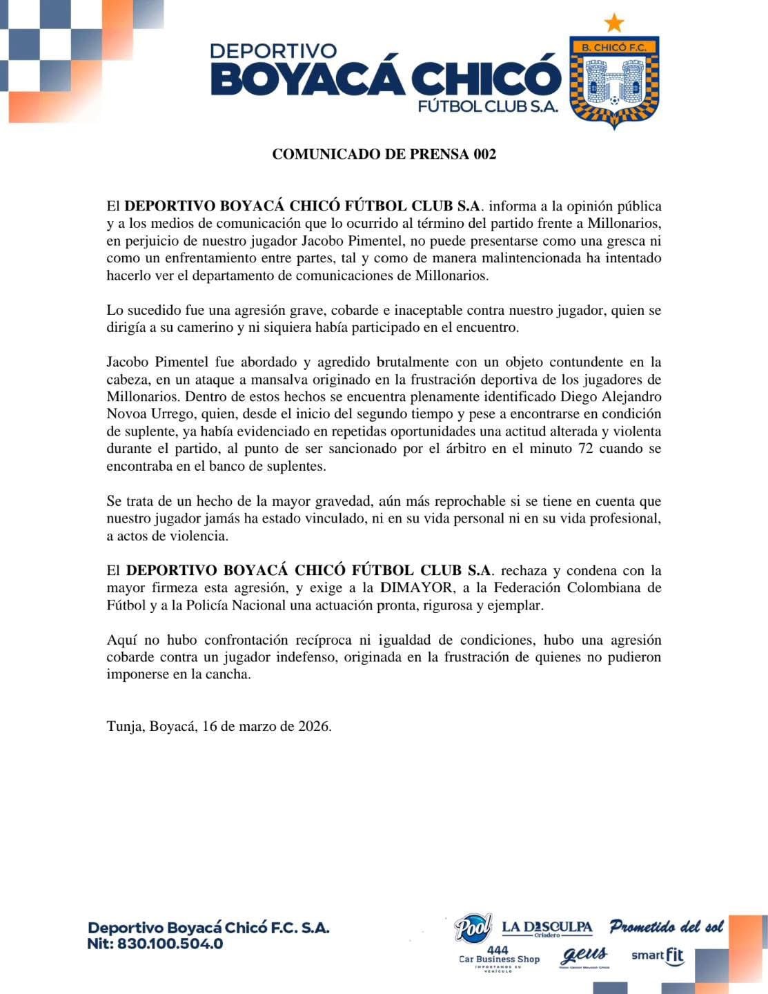 Comunicado de Boyacá chicó - @BCHICOFCOFICIAL/X