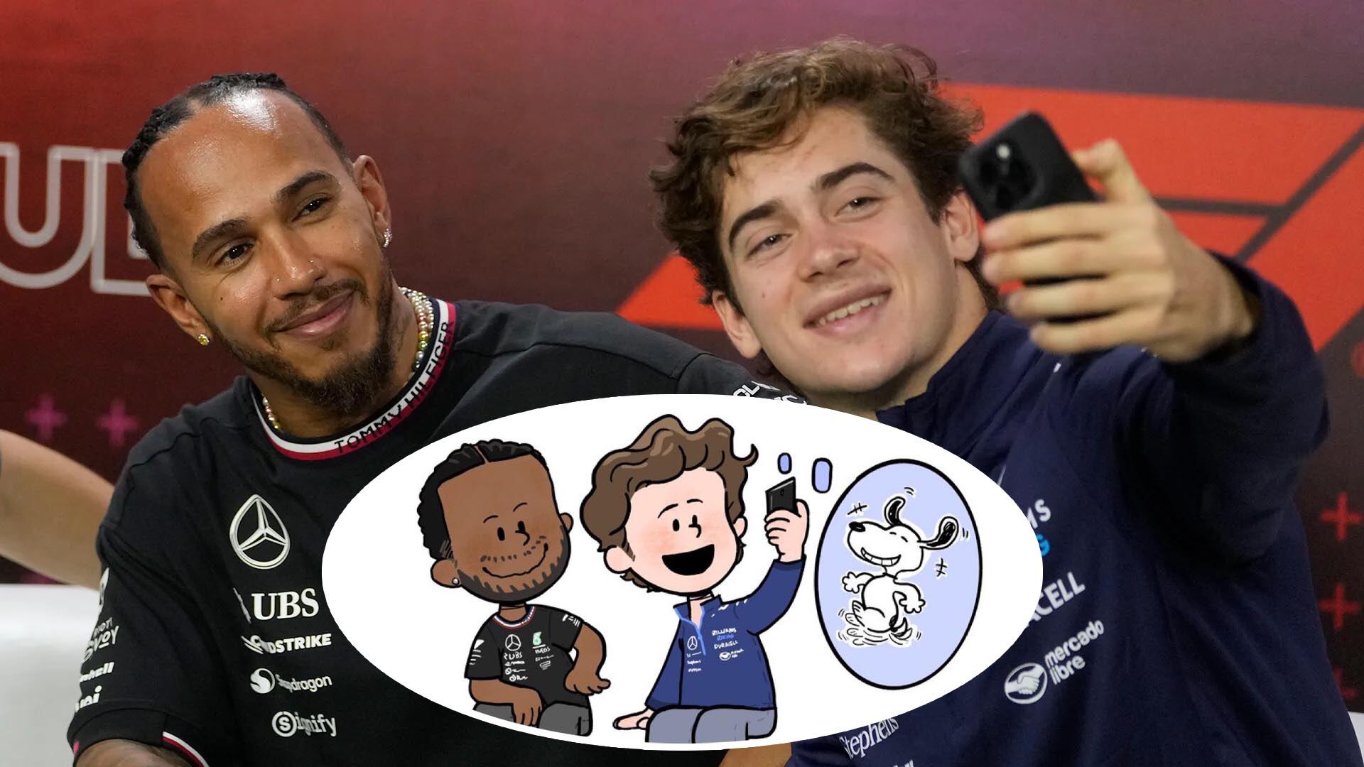 El piloto de Williams Franco Colapinto, de Argentina, a la derecha, se toma una selfie grupal con el piloto de Aston Martin, Lance Stroll, de Canadá, a la izquierda, y el piloto de Mercedes Lewis Hamilton, de Gran Bretaña, durante una conferencia de prensa previa al Gran Premio de Fórmula Uno de Brasil en la pista de carreras de Interlagos en Sao Paulo, Brasil, el jueves 31 de octubre de 2024. (Foto AP/Andre Penner)