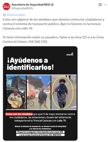 La Secretaría de Seguridad compartió imágenes con 3 personas involucradas en los disturbios contra la estación calle 76 - crédito @SeguridadBOG / X