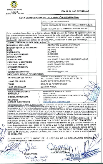 Se conoció la declaración de Fernando Cerimedo ante la Fiscalía de Bolivia tras ser imputado por tentativa de feminicidio