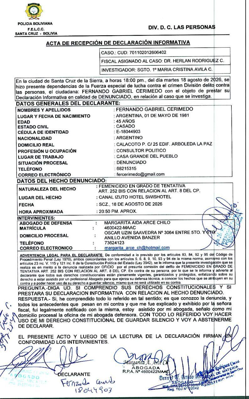 Se conoció la declaración de Fernando Cerimedo ante la Fiscalía de Bolivia tras ser imputado por tentativa de feminicidio