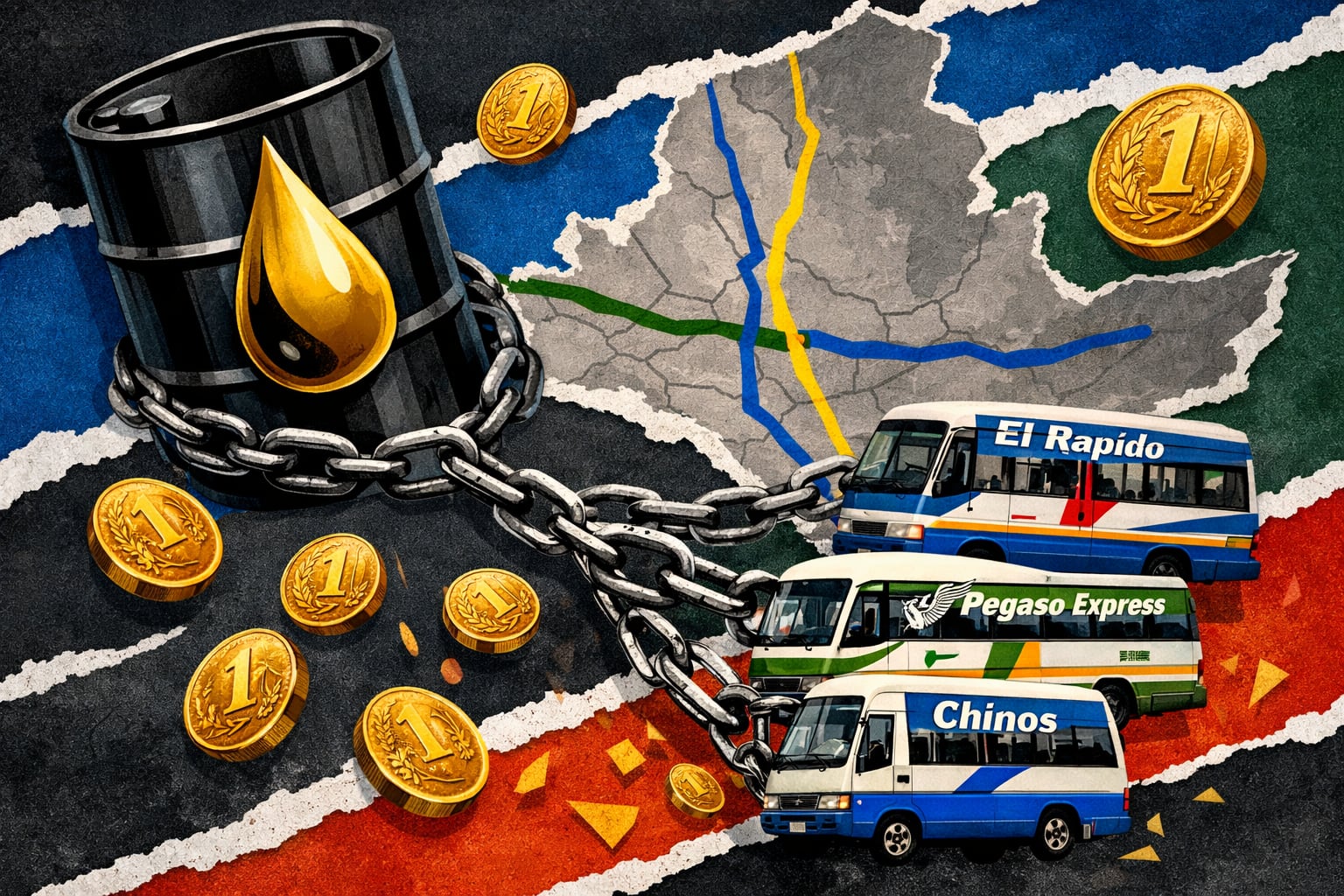 Ilustración conceptual de un barril de petróleo encadenado a micros de transporte en Lima, con monedas de sol cayendo sobre un mapa, dramatizando el alza de costos del combustible para el transporte público. (Imagen Ilustrativa Infobae)