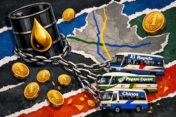 Ilustración de collage con un barril de petróleo encadenado a micros como 'El Rápido', 'Pegaso Express' y 'Chinos', monedas de sol y un mapa de Lima.
