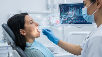 Una mujer en una silla odontológica. Un profesional con guante azul toma una muestra oral con un hisopo. Gráficos de ADN y células se superponen hacia un monitor.