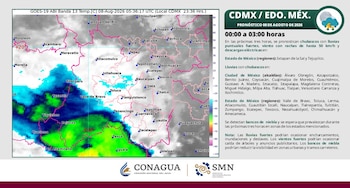 Mapa satelital de temperaturas, con divisiones geográficas, nombres de ciudades, texto de pronóstico y logos de Conagua y SMN