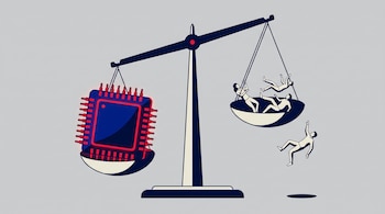 Ilustración minimalista de una balanza inclinada hacia un chip de computadora gigante en un platillo, mientras pequeñas figuras humanas caen del otro platillo.