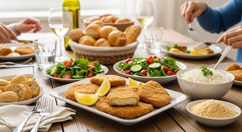 Mesa de madera con platos de milanesas de tofu, ensalada verde, arroz blanco, rebanadas de pan y panes redondos en cestas. Se ven manos de personas comiendo.