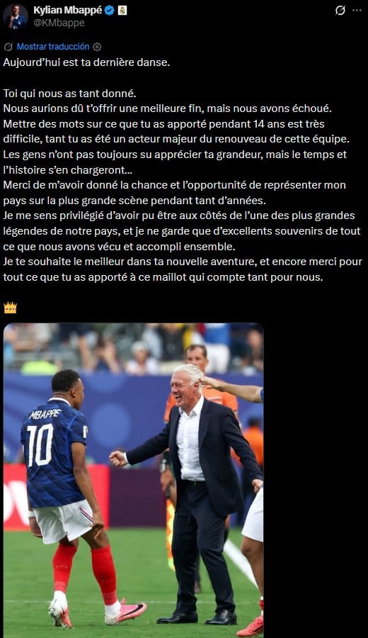 Mbappé dedicou uma mensagem a Deschamps em sua rede para se despedir