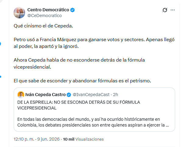 El partido Centro Democrático señaló al petrismo de esconder y abandonar a sus fórmulas vicepresidenciales - crédito @CeDemocratico/X