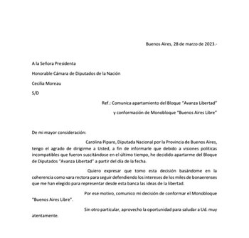 La carta de renuncia de