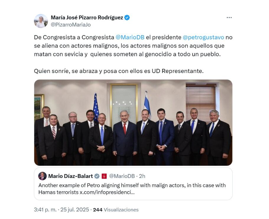 María José Pizarro calificó de “actor maligno” a quien “posa con quienes someten al genocidio a todo un pueblo”, refiriendose a Mario Díaz-Balart - crédito @PizarroMariaJo/X