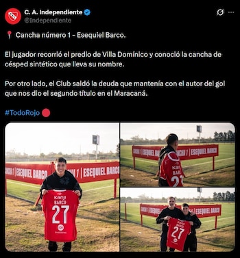 La publicación de Independiente de la visita de Barco al predio y la cancelación de la deuda (@Independiente)
