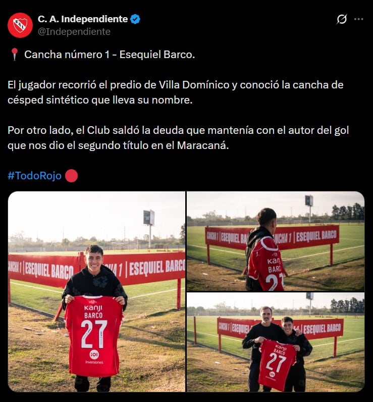 La publicación de Independiente de la visita de Barco al predio y la cancelación de la deuda (@Independiente)