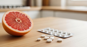 Medio pomelo rosado, un blíster de pastillas blancas y varios comprimidos dispersos sobre una mesa de madera clara.