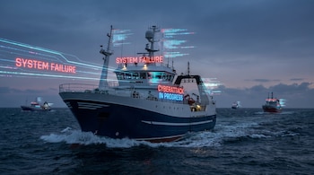 Varios buques pesqueros navegan en un mar picado bajo un cielo nublado, con textos digitales que indican "SYSTEM FAILURE" y "CYBERATTACK IN PROGRESS".