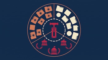 Gráfico circular dividido en tres secciones con carpetas de archivos, iconos gubernamentales y una palanca de freno de mano en el centro.
