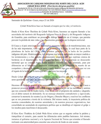 Comunicado Oficial de la Cric sobre la "masacre" entre pueblos indigenas en el Cauca - crédito Comunicado Cric
