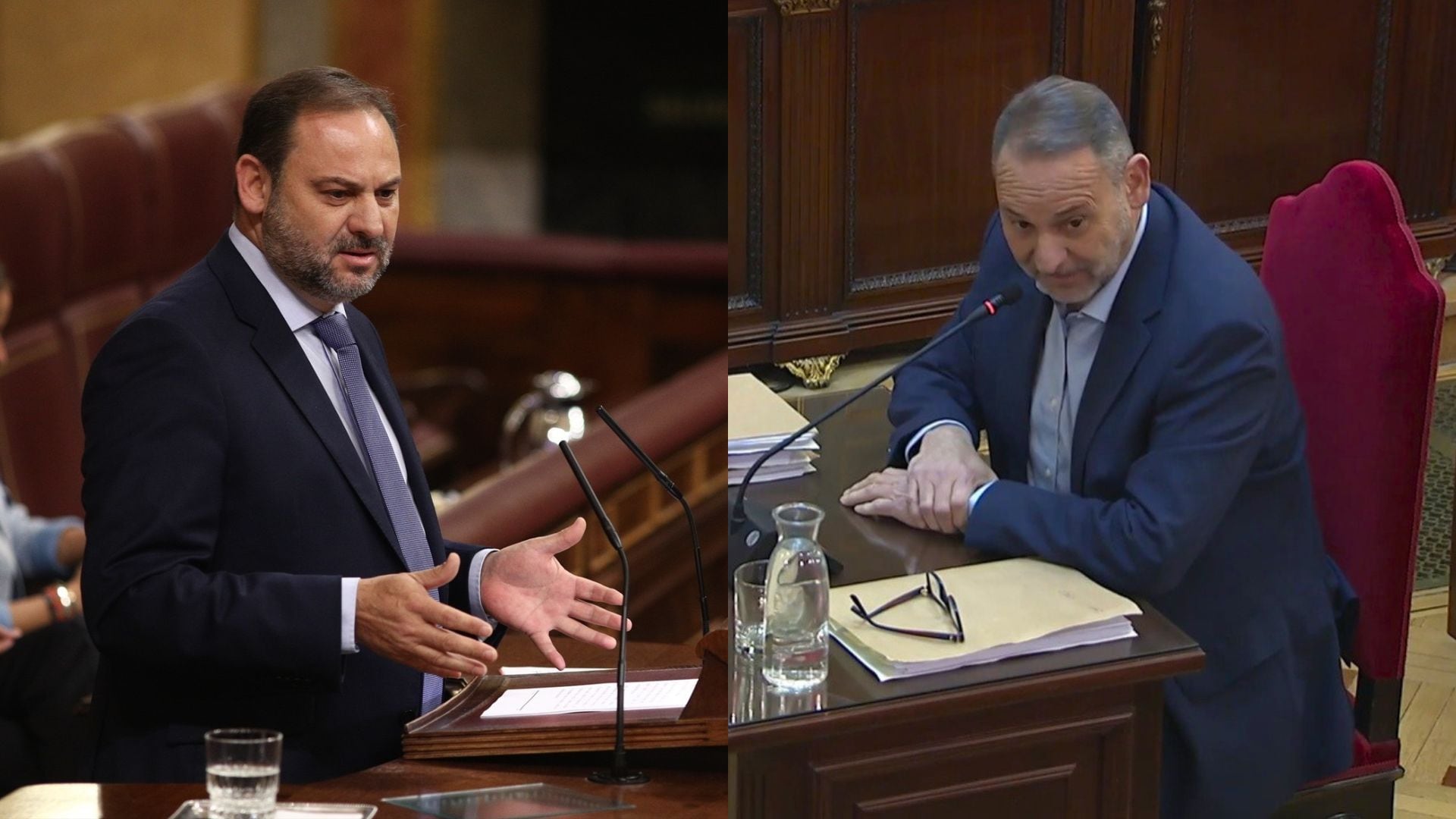 José Luis Ábalos durante la moción de censura a Mariano Rajoy (i) y su declaración en el Tribunal Supremo (d) (Montaje Infobae / Europa Press)