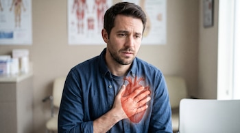 Un hombre con camisa azul apoya su mano sobre un gráfico de corazón rojo en el pecho, sentado en una sala de consulta con láminas anatómicas.