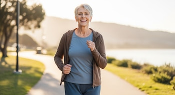 Mujer mayor sonriente con cabello gris, chaqueta marrón y ropa deportiva azul, caminando en un sendero al aire libre, con lago y montañas de fondo.