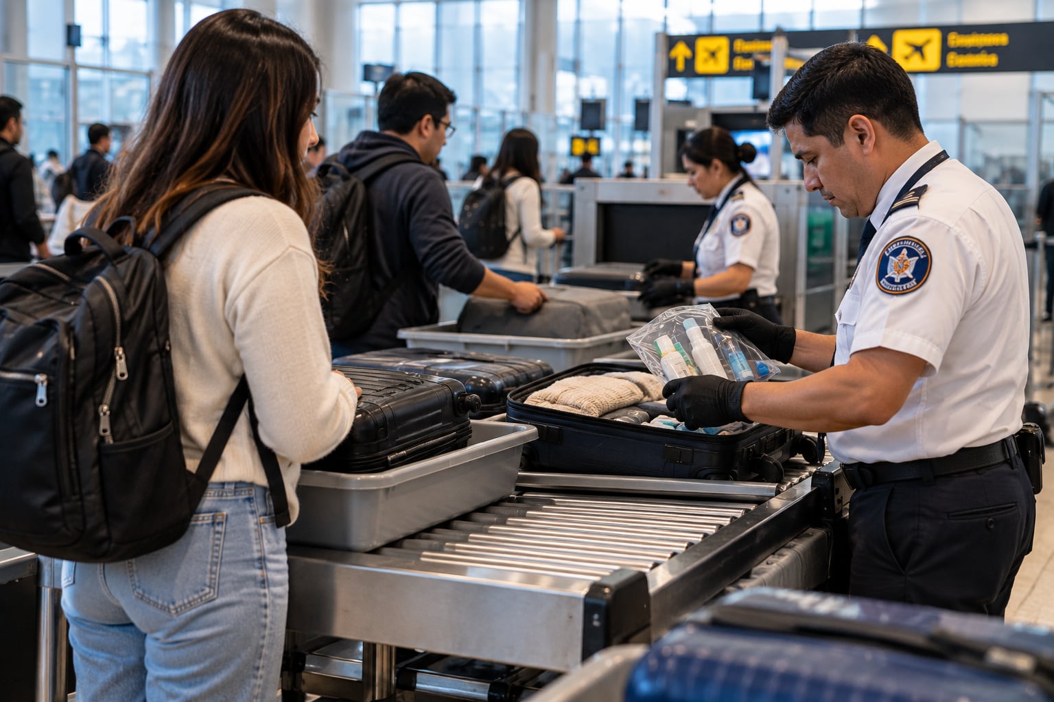 Un agente de seguridad inspecciona una bolsa con frascos en el equipaje de mano de una pasajera en el Aeropuerto Internacional Jorge Chávez. (Imagen Ilustrativa Infobae)