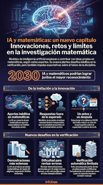 Infografía de IA en matemáticas. Muestra un cerebro digital brillante con ecuaciones y gráficos de fondo, e íconos que representan sus aportes y desafíos.
