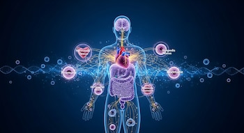 Ilustración de silueta humana transparente con cerebro, corazón e intestinos visibles, interconectados por líneas luminosas, rodeada de células y ADN en tonos azules y dorados.