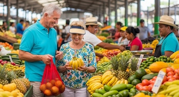 Un hombre y una mujer adultos sonríen en un mercado. Ella sostiene plátanos, él una bolsa con naranjas. Se observan pilas de piñas, aguacates, tomates y pepinos.