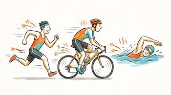 Ilustración secuencial de un hombre que corre, anda en bicicleta y nada en el agua con destellos y líneas de calor sobre un fondo blanco.