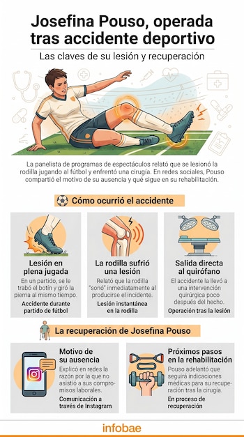 Infografía sobre la lesión de rodilla de Josefina Pouso en fútbol. Muestra el accidente, la cirugía y el proceso de recuperación con textos e íconos.