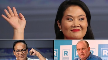 Keiko Fujimori espera rival en segunda vuelta, según cifras de la ONPE. Roberto Sánchez y Rafael López Aliaga en cerrada disputa. Composición Infobae