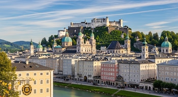 Panorámica del Centro Histórico de Salzburgo con el castillo Hohensalzburg en la cima de una colina, edificios a orillas del río Salzach y cielo azul.