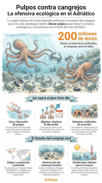 Infografía de pulpos y cangrejos azules en el mar, acompañada de gráficos y textos que explican una estrategia ecológica y datos económicos.