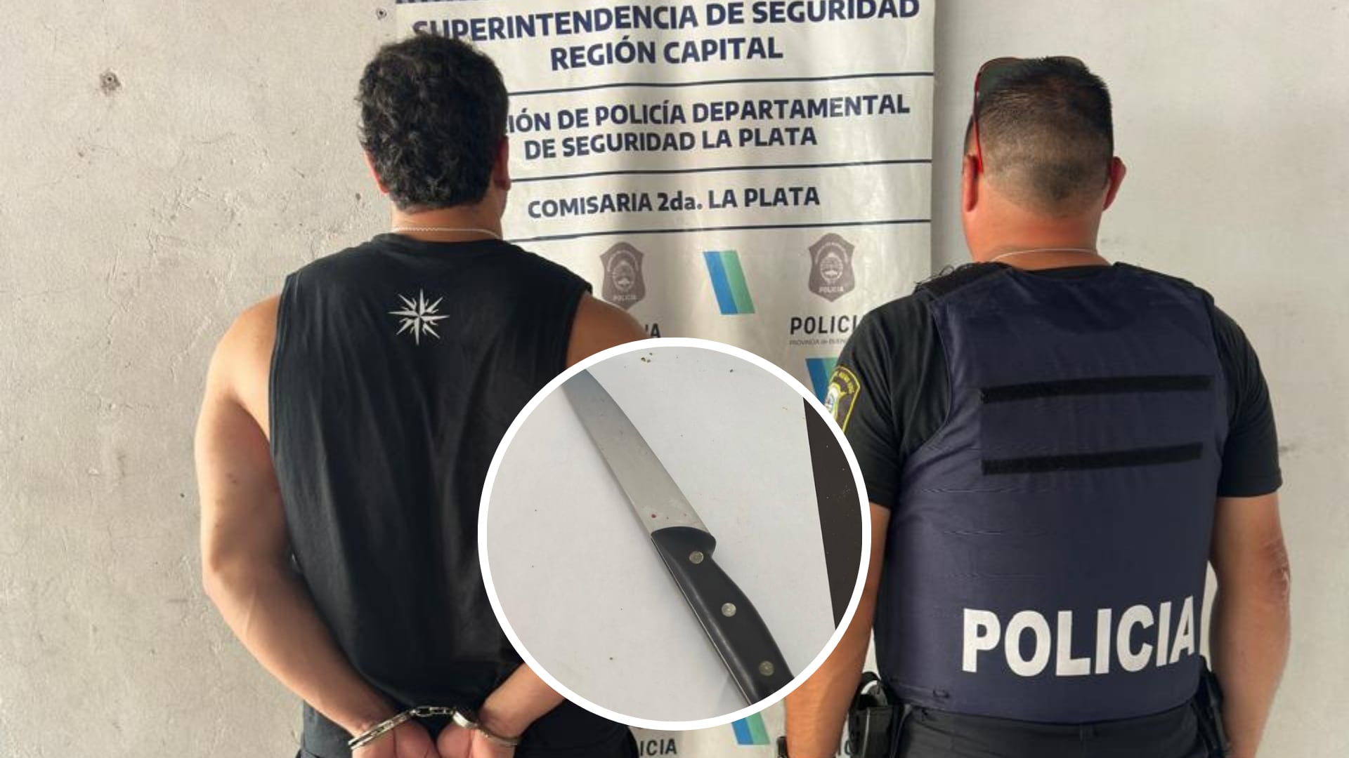 G.V.D.V. y la cuchilla de carnicero que utilizó para amenazar a su pareja.