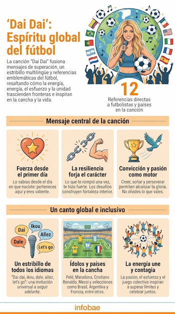 Infografía de la canción 'Dai Dai' con Shakira cantando, un globo terráqueo, banderas, balones de fútbol y textos sobre superación y la unión del deporte.