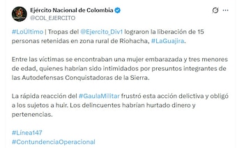 El Ejército mantiene presencia en corredores rurales para evitar consolidación de rutas de control por grupos ilegales - crédito @COL_EJERCITO/X