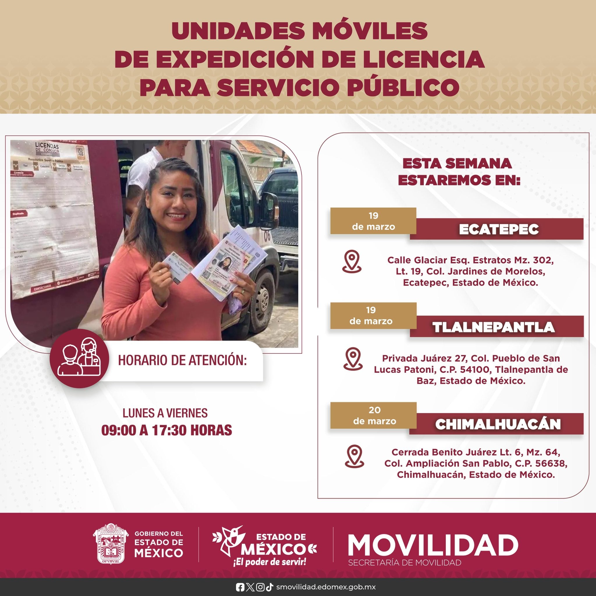 Todas estas ubicaciones ofrecerán atención de lunes a viernes entre las 9:00 y las 17:30 horas (X@SEMOV_Edomex)