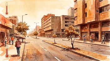 Pintura en acuarela de una calle concurrida de la ciudad bajo el sol, con edificios a los lados, árboles y personas usando sombrillas, y dos termómetros al aire libre.