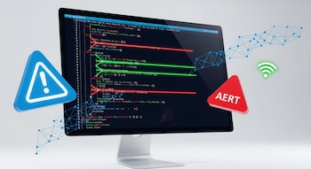 Un monitor de computadora muestra código resaltado en verde y rojo, junto a un triángulo de advertencia azul, un triángulo rojo con AERT, un ícono de wifi y líneas de datos.