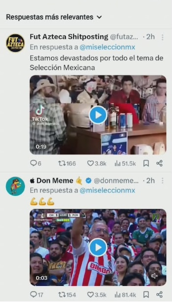 Captura de pantalla de dos tweets; el primero muestra un video de personas en un bar y el segundo, un hombre con camiseta de fútbol entre una multitud