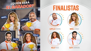 Gráfica con retratos de Ninel Conde, Lupillo Rivera, Guty Carrera y Kelly Ríos con uniformes de cocina blancos y detalles de trofeos dorados